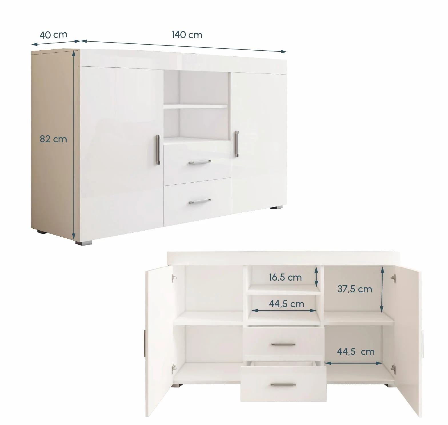 MB Muebles Bonitos Aparador Roque Mueble Auxiliar Moderno 140x82x40 cm Melamina Brillo Blanco