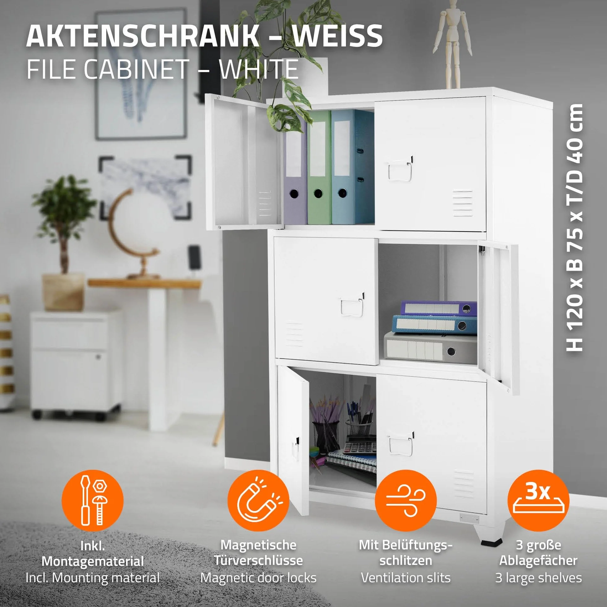 ML-Design Archivador de Oficina 75x40x120,5 cm Acero Blanco Armario Independiente con 4 Patas Mesita Auxiliar Metálica con 6 Puertas y 3 Compartimentos Mueble para Almacenamiento Archivo de Documentos
