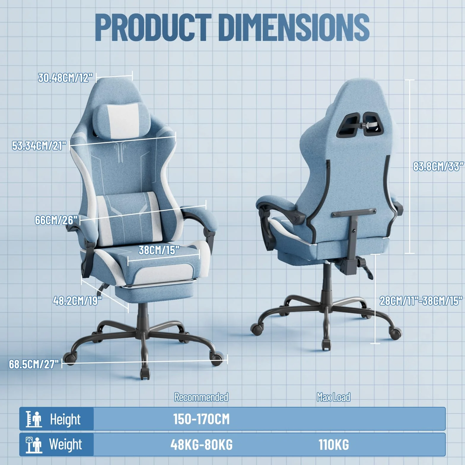 Silla de gaming ergonómica con función de masaje, reposapiés, almohada extraíble, reposabrazos integrados, soporta 110 kg, silla de PC para oficina y hogar, color azul