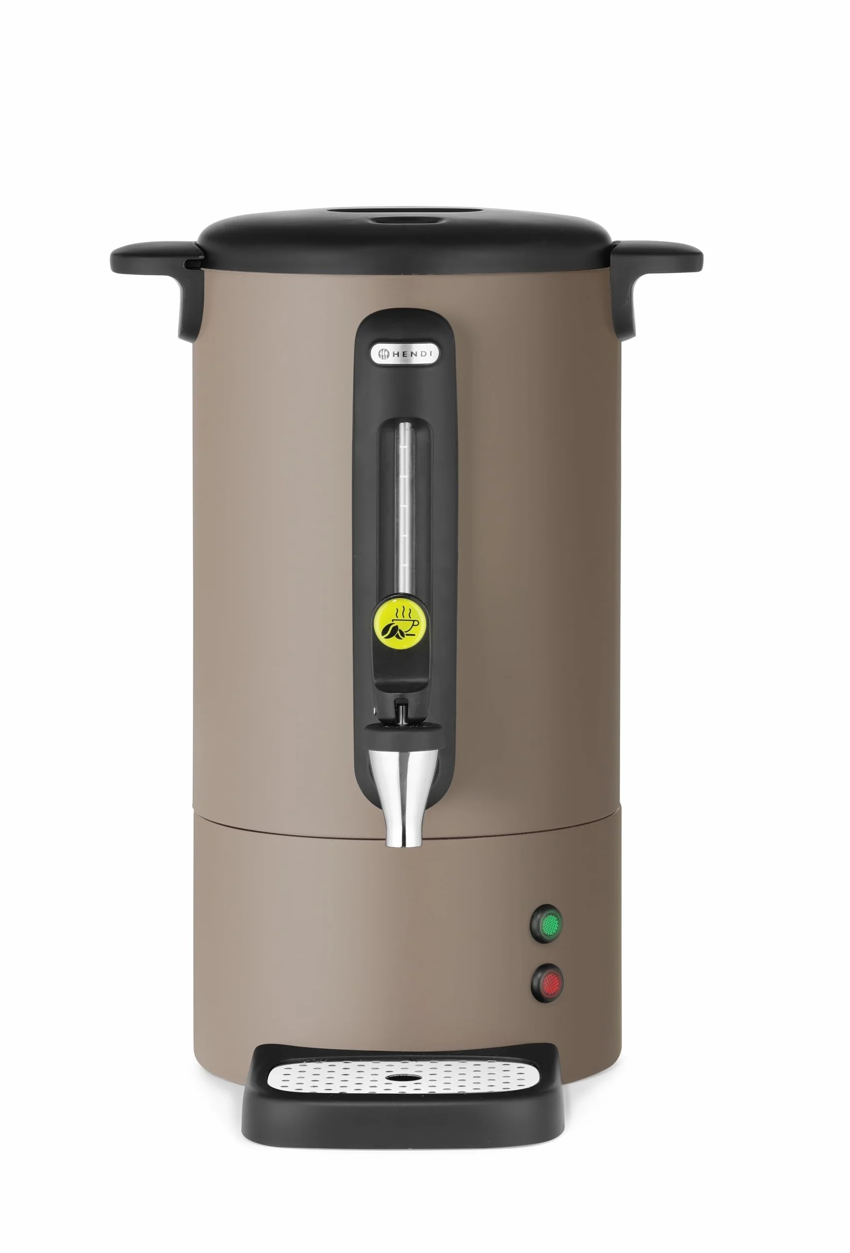 HENDI Percolador de café 7L UNIQ, de una pared, con filtro incorporado y grifo antigoteo, para café molido grueso, 230V, 50/60Hz, 1050W, 307x330x(H) 450mm, gris topo, acero inoxidable, PP