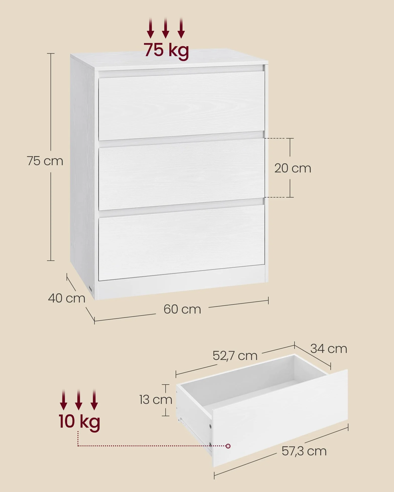 VASAGLE Colección Kailyn - Cómoda de 3 Cajones para Dormitorio, Armario de Almacenamiento, Mueble para Ropa, 40 x 60 x 75 cm, Estilo Moderno, Blanco Nieve LTS613WE01