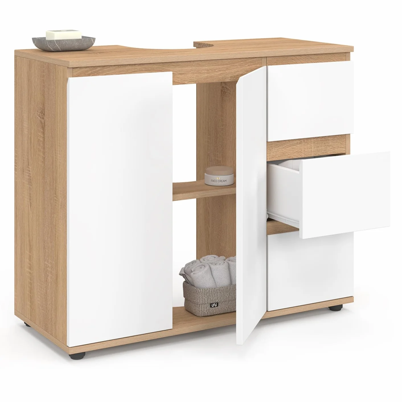 IDMarket: mueble bajo lavabo para baño TOMI con armario y 3 cajones estilo haya y blanco