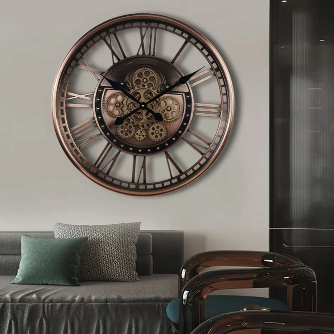 Reloj de Pared Engranajes Giratorio, Reloj de Pared Vintage Grande 53.3cm con Numeros Romanos Relojes de Pared Silencioso para Habitación Dormitorio Oficina Bar (Color:Cobre Rojo)