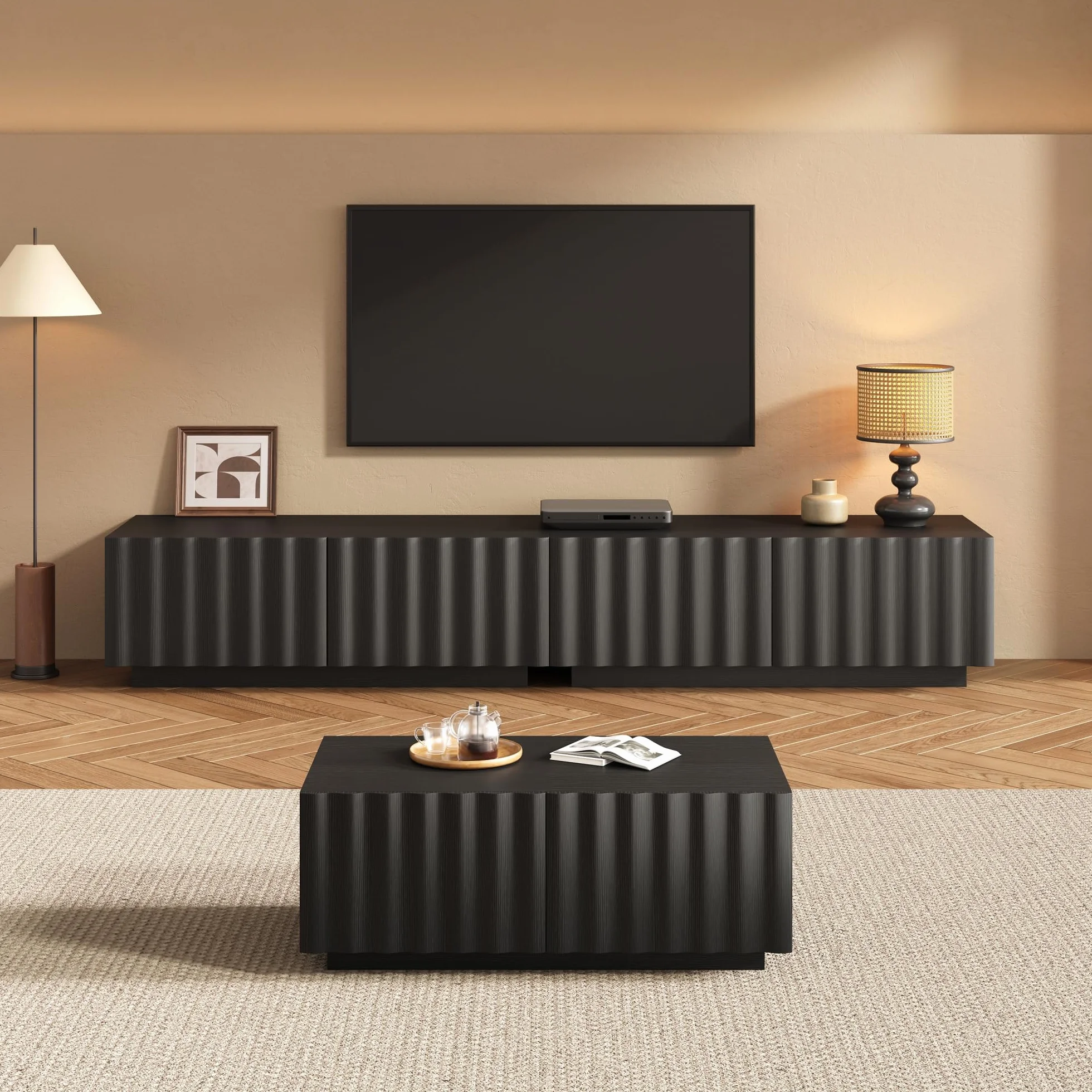 Juego de muebles de salón con diseño de ondas, mueble de TV y mesa de café, almacenamiento moderno, estable, práctico, color negro