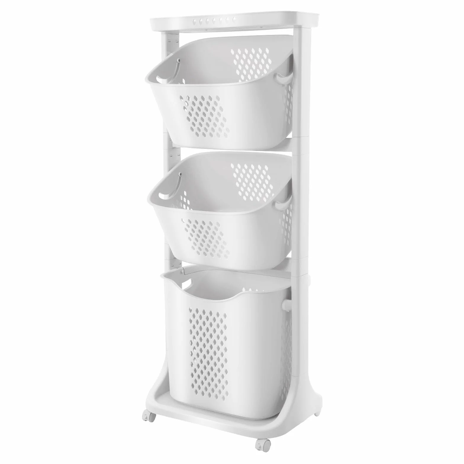 Cesto para la colada con ruedas 43 x 33 x 109 cm con 3 cestas extraíbles, clasificador de ropa con estante y 2 frenos de estacionamiento, color blanco
