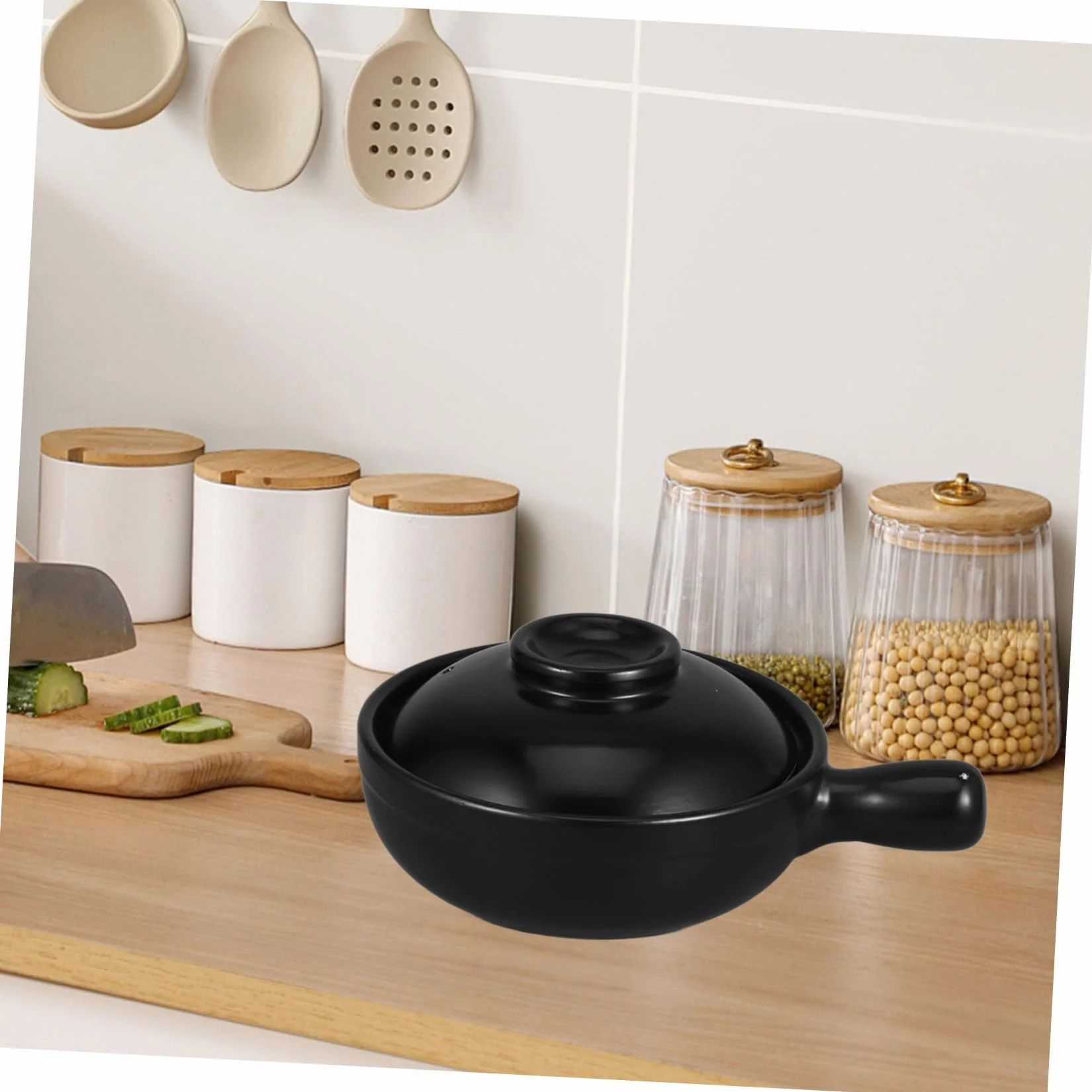 Cazuela de Barro Sola Asa 900ml con Tapa, Cerámica Negra | Recipiente Profundo para Gachas y Guisos, Uso Comercial y Microondas, Fácil de Limpiar