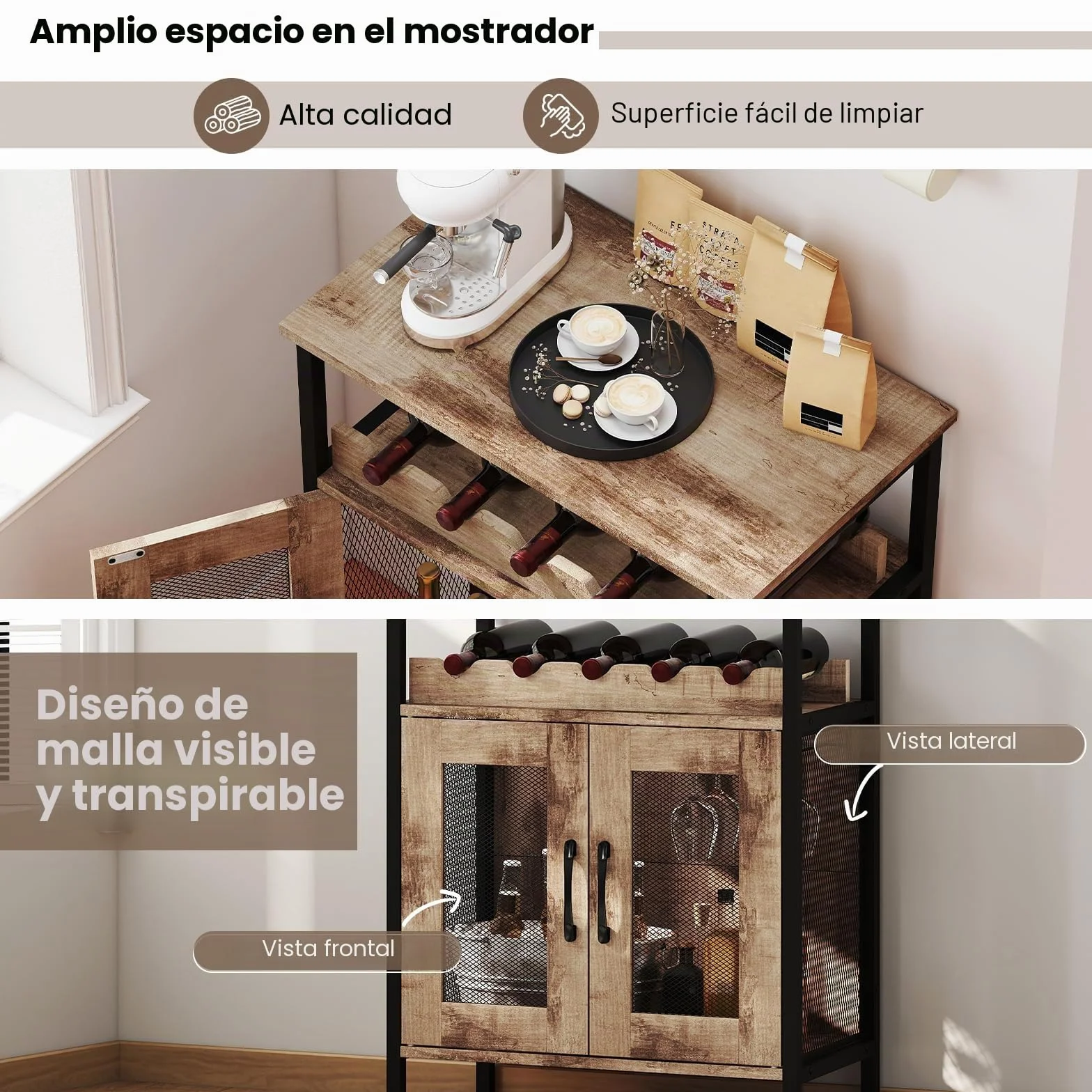 GIANTEX Aparador Cocina para Vinos, Armario con Portabotellas y Portavasos Extraíble, 60 x 34 x 79 cm, Mueble de Almacenamiento con Puertas de Malla de Metal, para Salón, Comedor, Bar (Gris)