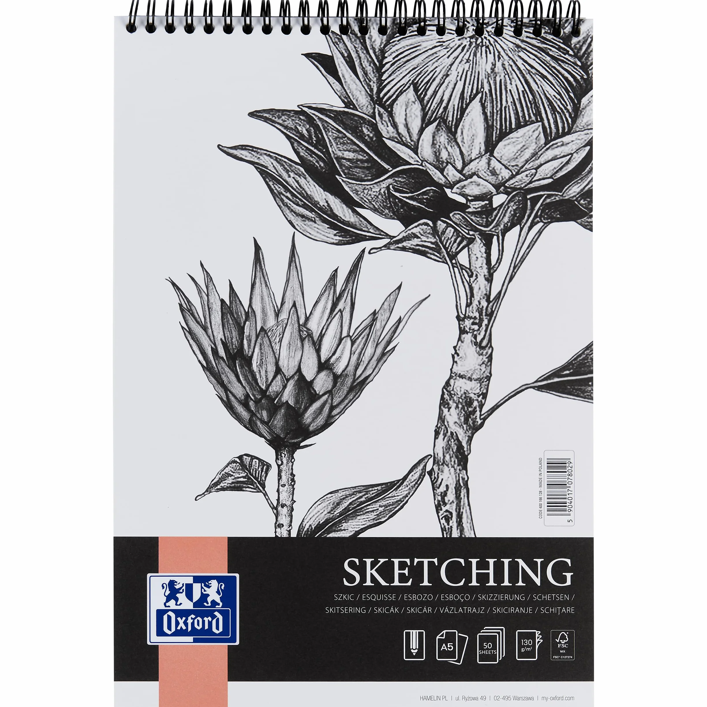 Oxford Artistic Bloc de bocetos A5, 50 hojas, doble espiral, papel 130 g/m², sin ácidos, cartón trasero estable