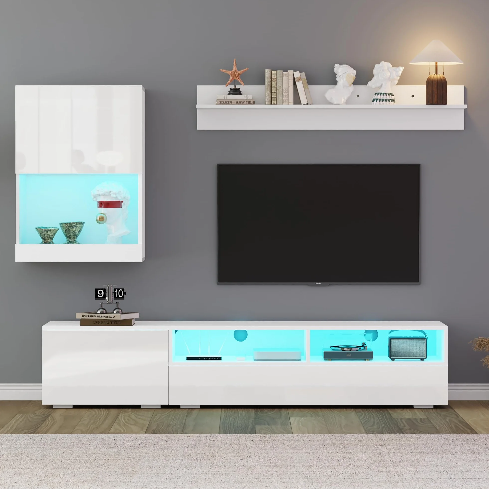Mueble de salón, mueble de TV, juego de muebles de salón (juego completo, 3 unidades), mueble TV (vitrina, LED, alto brillo), estantería de pie o de pared (de pie o colgante), para TV de