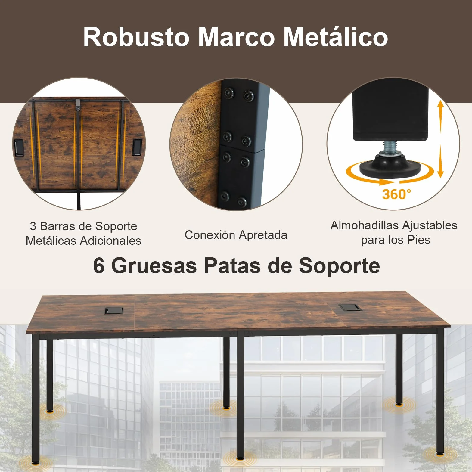 GYMAX Mesa de Conferencias, Ordenador de Oficina con 2 Pasacables, Escritorio Rectangular de 240 x 120 cm con Marco Metálico Resistente, Mesa Moderna para Seminarios para Sala de Reuniones