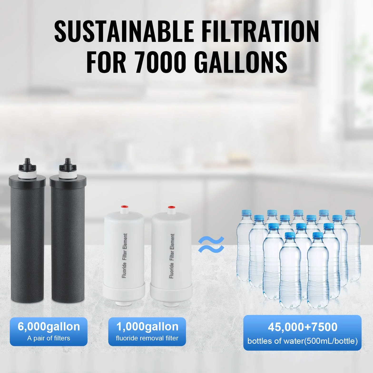 VEVOR Sistema de Filtración de Agua por Gravedad 7,5 L Sistema de Encimera Acero Inoxidable Reduce Plomo y hasta 99% de Cloro con 2 Filtros de Carbón Activado, 2 Filtros de Desfluoración, Grifo