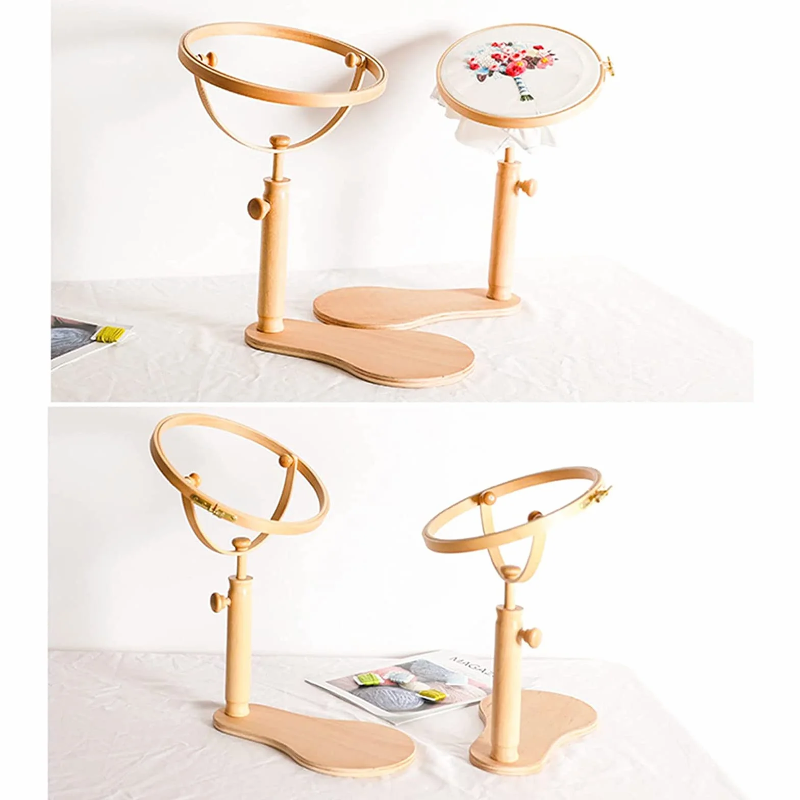 Bastidor de Punto de Cruz Ajustable con Soporte Giratorio para aro de Bordado con Aros de Madera Redondos de 9,4 Pulgadas, Soporte de Bordado de Madera, Soporte para aro de Bordado