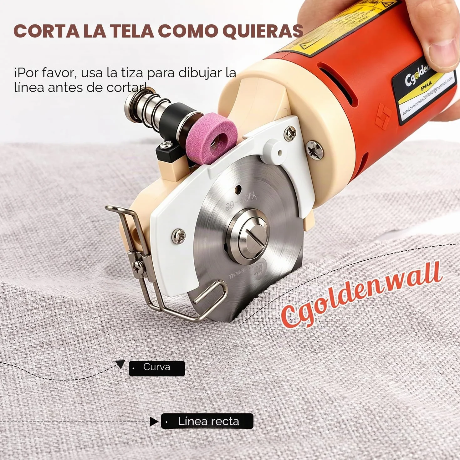 CGOLDENWALL YJ-65 Cortador de Tela Eléctrico con 22mm de Espesor Máx. de Corte, Tamaño de la Cuchilla 65mm, con Función de Afilado Automático, Ideal para Cortar Textil/Cuero/Alfombra