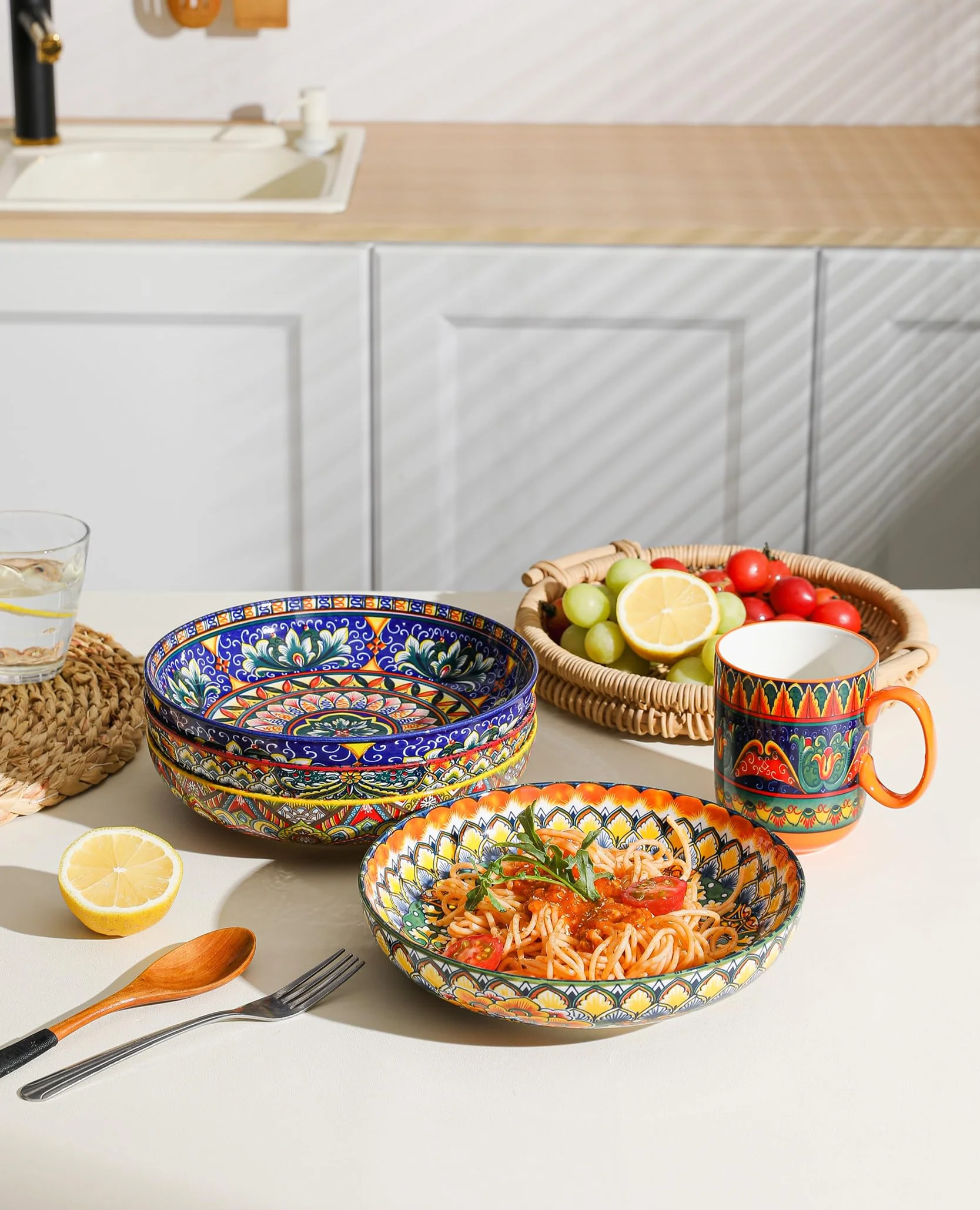 Henten Home Juego de platos hondos de pasta, 4 platos hondos de colores, 1000 ml, cuencos multiusos para sopa, fideos, espaguetis, pasta, ensalada, serie Mylo, estilo boho
