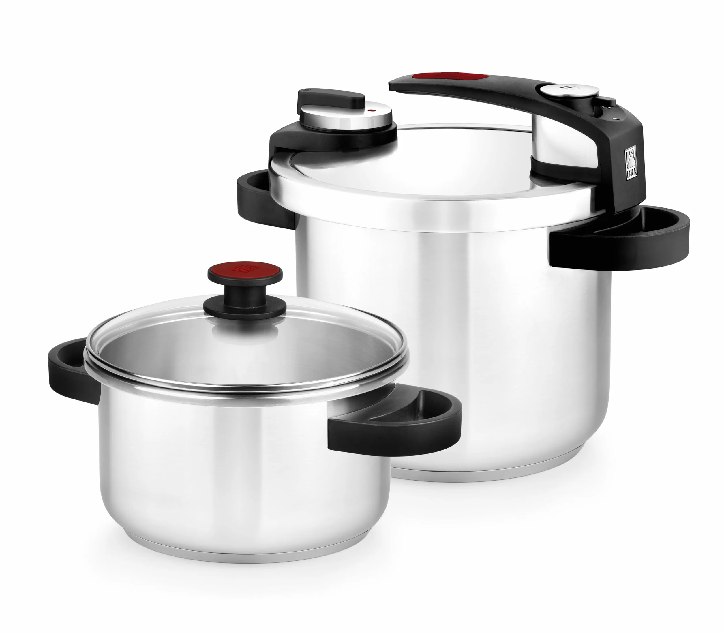 BRA Tekna Set Olla a presión de fácil Apertura 4+7 litros, Fabricada en Acero Inoxidable 18/10, con 2 Programas de Cocción y Sistema de Bloqueo de Apertura, Apta para Todo Tipo de Cocinas