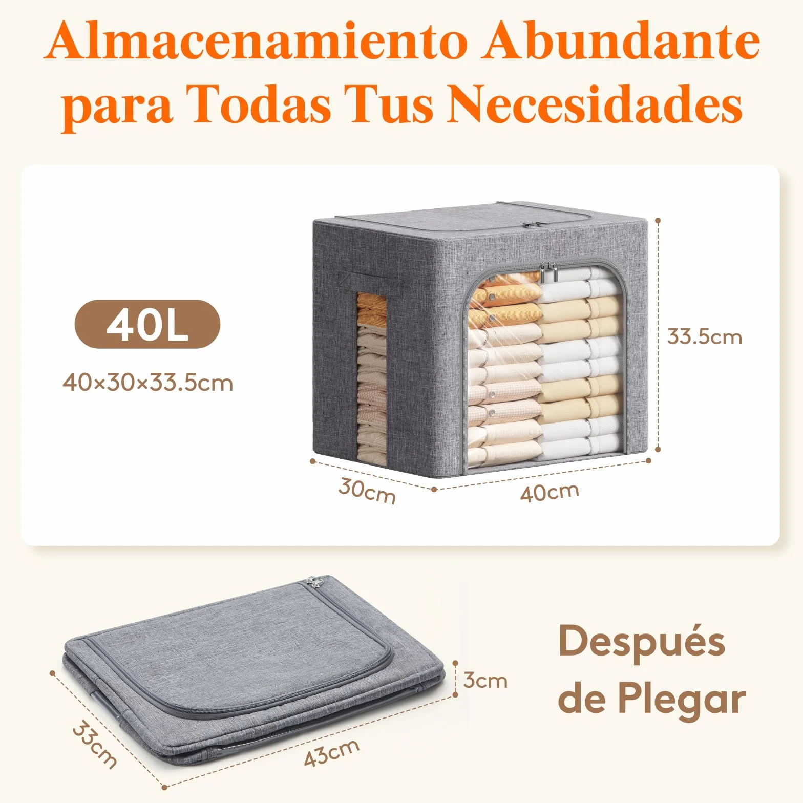 Lifewit Cajas Almacenaje Ropa con Marco de Metal Apilable 40L Gris Claro