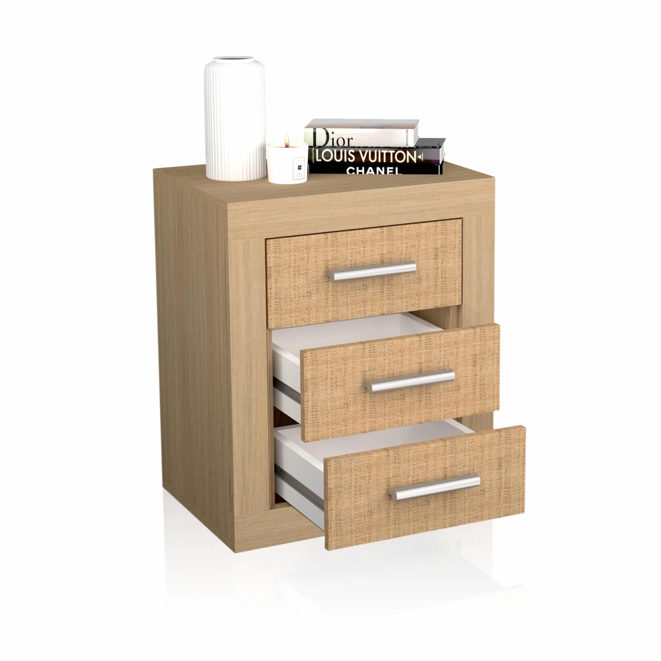 duehome | Mesita de Noche, Mesilla de Dormitorio, Modelo Kira, Acabado en Color Tofe y Textil, Medidas: 50 cm (Largo) x 34,6 cm (Fondo) x 60 cm (Alto)