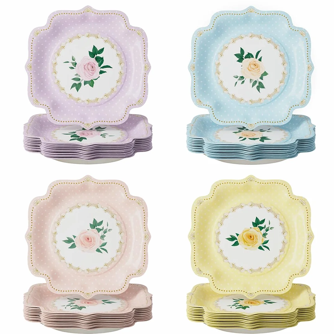 DUBEDAT 48 platos de papel floral de 9 pulgadas, té de la tarde, día de la madre, decoración de fiesta para fiesta de té, baby shower, cumpleaños, boda