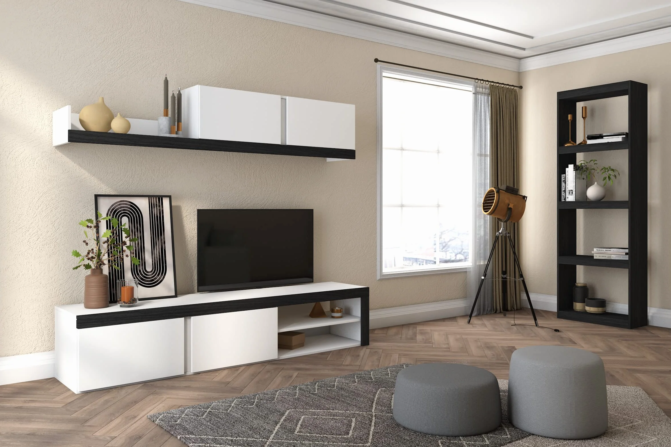 Skraut Home - Conjunto de Salón Modular IDEM y Estantería Totem- Mueble TV - Muebles de Salón Color Blanco/Negro - Biblioteca Color Negro - 200x40x180cm / 60x25x181cm