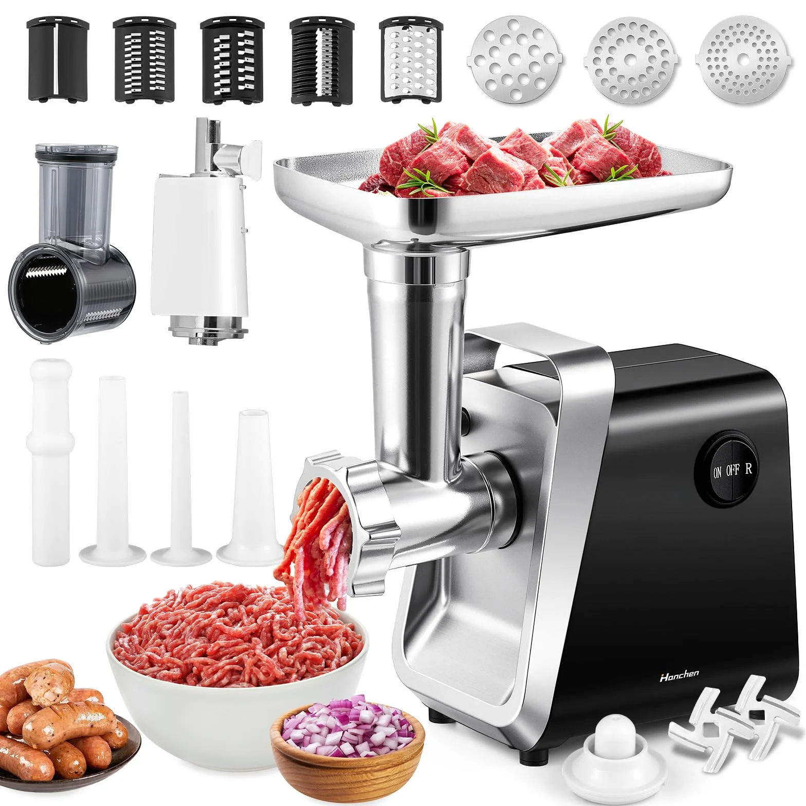 Hanchen Picadora de Carne Eléctrica 6 en 1 con 3 Tubo para Salchichas, 3 Discos Picadores, Accesorio para Galletas y Kubbe, cabezal para zumo de tomate, Cortador de Verduras Eléctrica