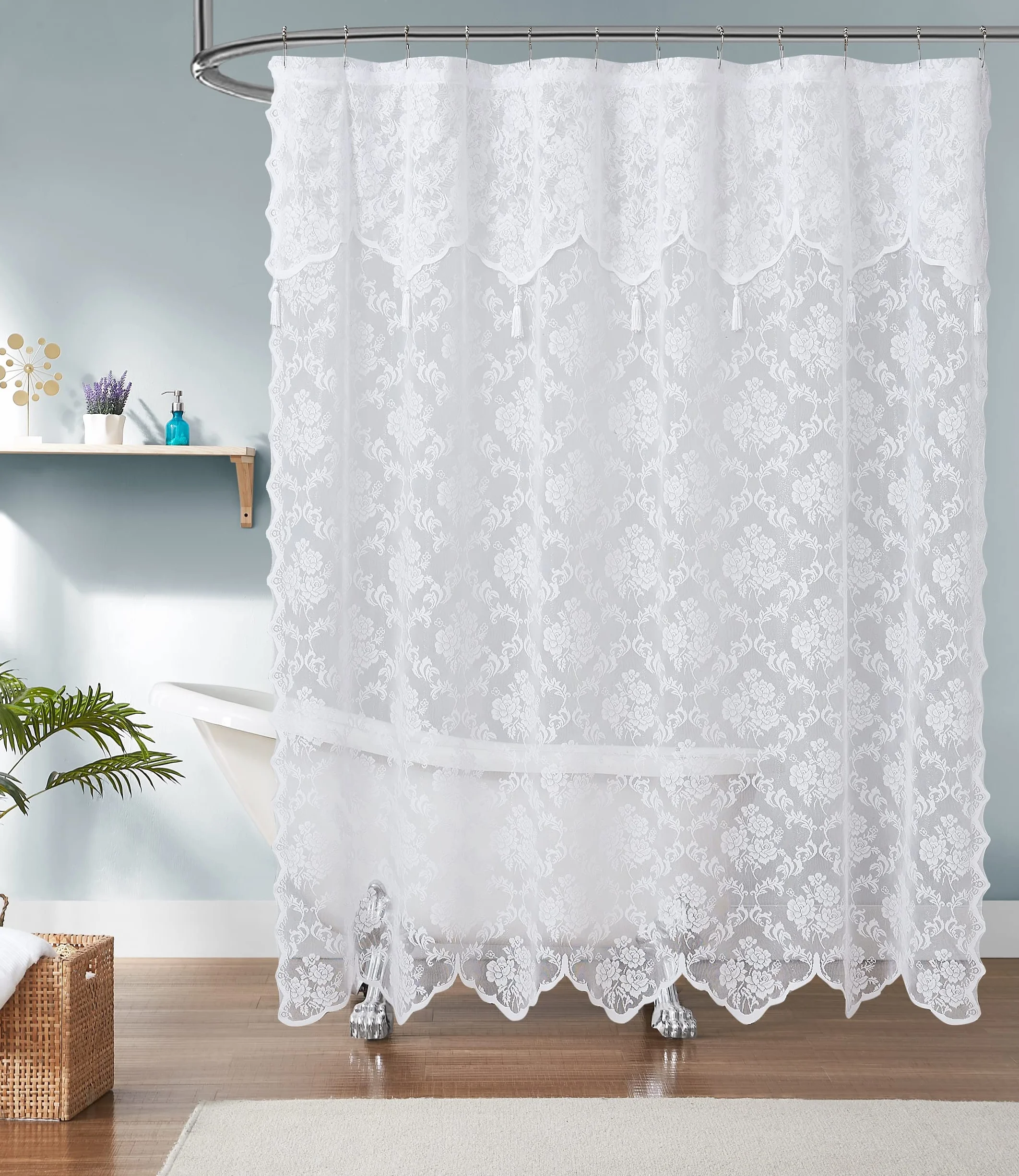 Warm Home Designs Cortina de ducha de encaje blanco con cenefa adjunta y borlas elegantes. 72 x 84 pulgadas extra larga para baño. Lujo para decoración única de baño. MSH blanco 84 pulgadas