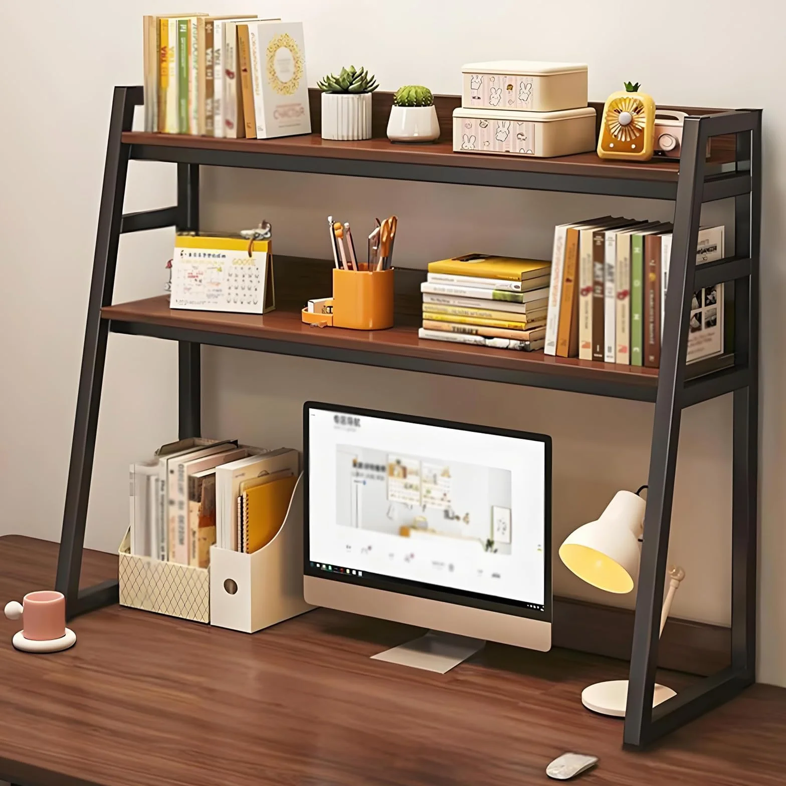 Estantería de Escritorio de Tres Capas, Estante de Almacenamiento de Escritorio de diseño Trapezoidal, estantería de Mesa de Metal Multifuncional, Dormitorio, habitación y Escritorio (95cm)