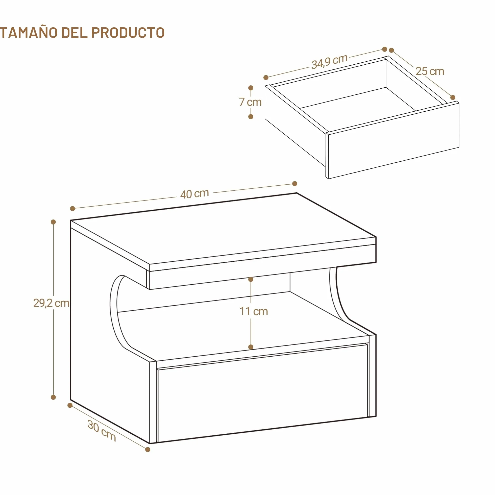 Hzuaneri Mesita de Noche Flotante Set de 2, Repisa Colgante y 1 Cajón con Guías, Diseño en Forma de U, Moderna, para Dormitorio y Salón, 30 x 40 x 29,2 cm, Blanco NS50203X