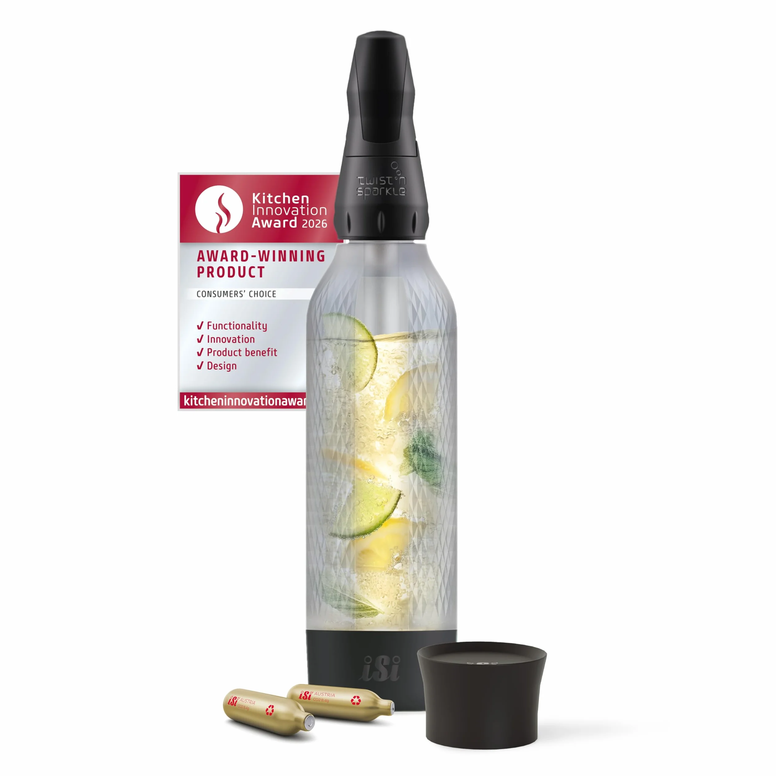 iSi Twist'n Sparkle Virtuoso Wassersprudler 0.95L – Soda Maker para agua con gas, zumos y cócteles – Agua con gas y refrescos con funda de silicona antideslizante – Máquina alternativa de agua con