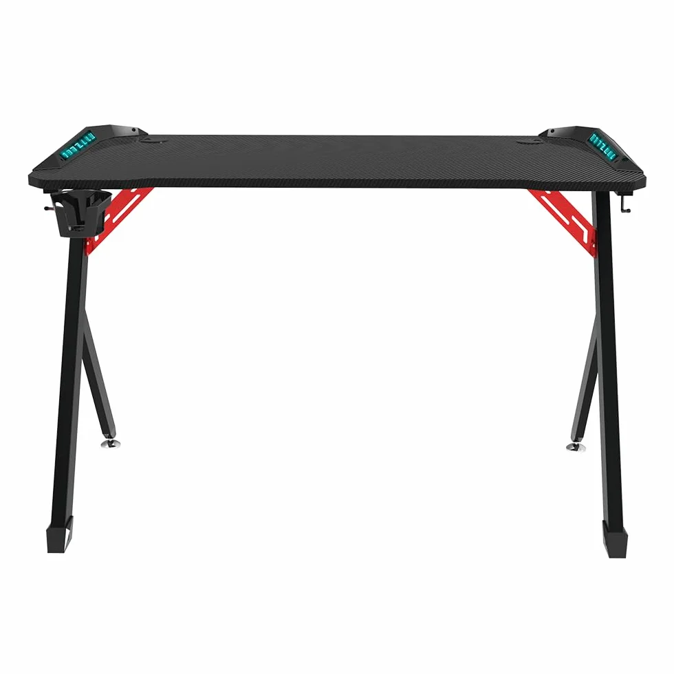 Mesa Gamer con LED, 113 x 60 x 75 cm, Superficie Resistente, Gestión de Cables, Negro