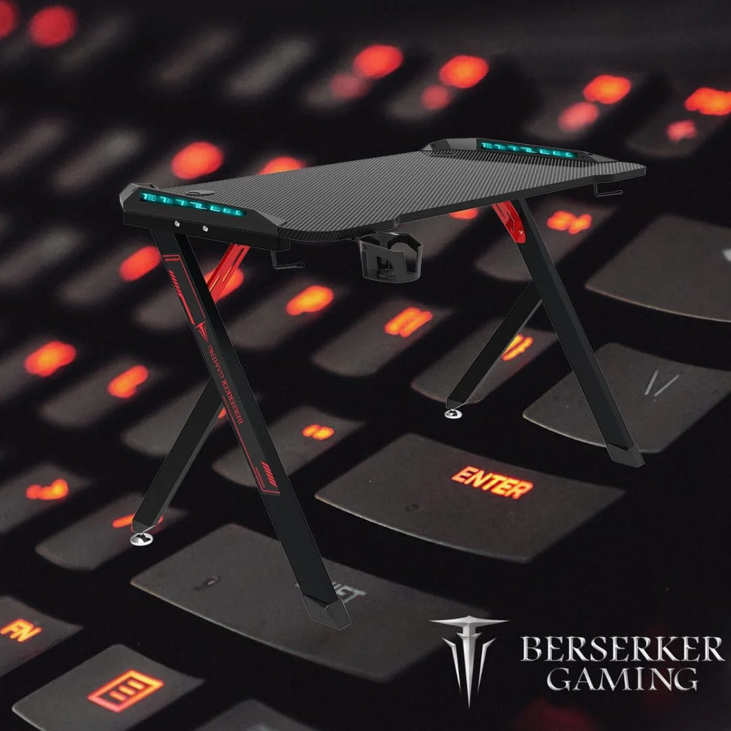 Mesa Gamer con LED, 113 x 60 x 75 cm, Superficie Resistente, Gestión de Cables, Negro