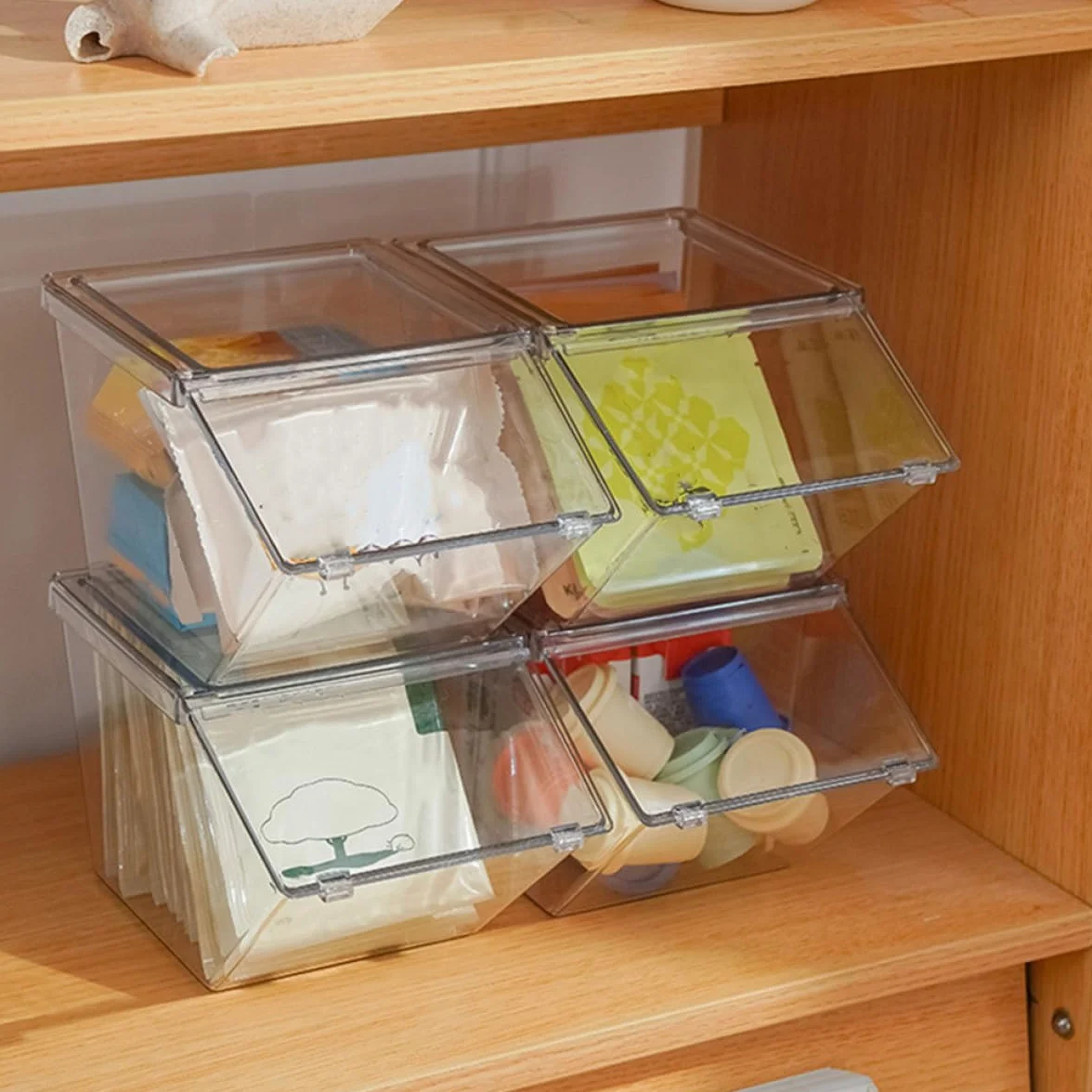 OSALADI Soporte Apilable para Bolsitas de Té y Café 4 Piezas Acrílico Tapa, Caja Organizadora de Sobremesa Grande Capacidad para Paquetes de Azúcar y Condimentos, Adecuado para Cocina