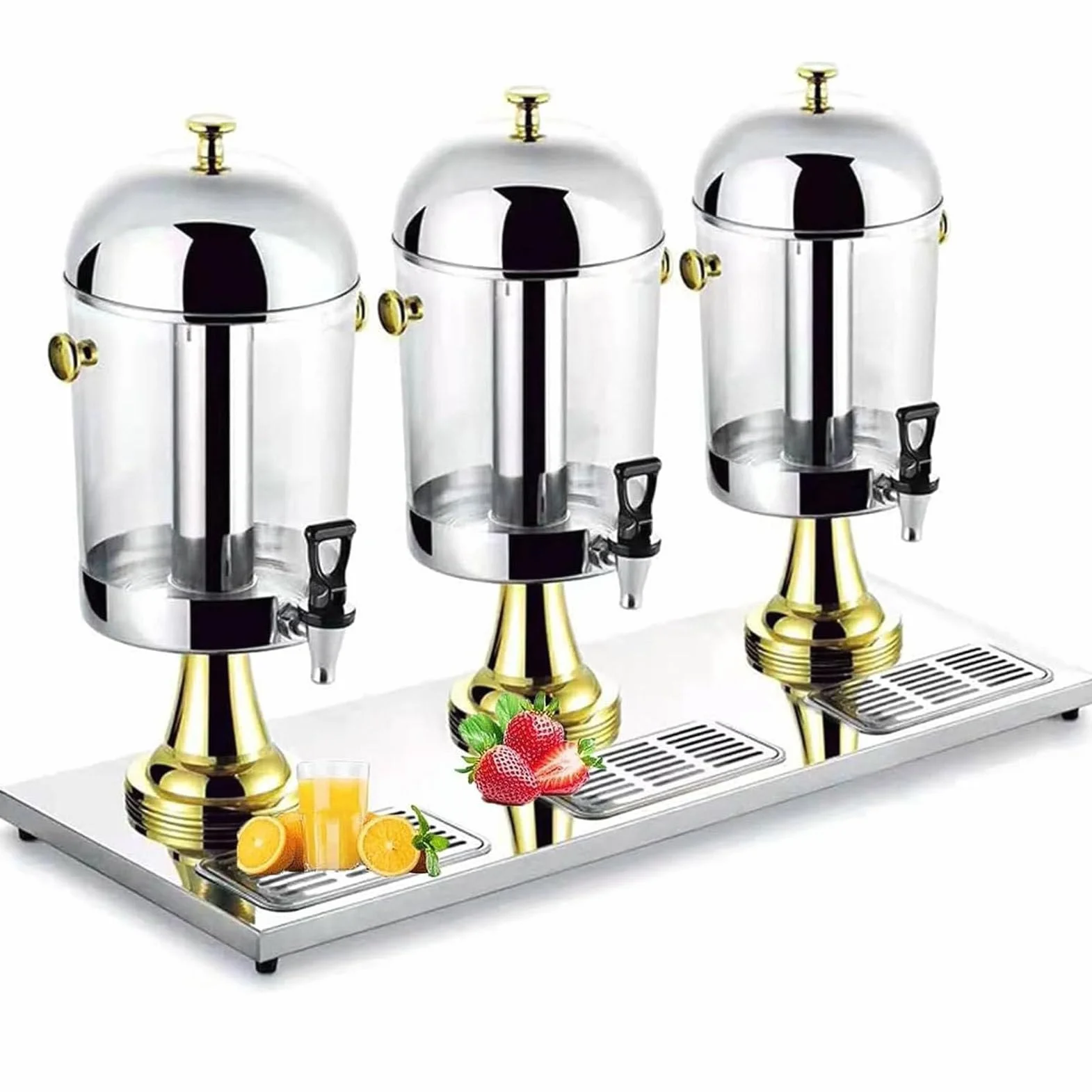 Dispensador de bebidas de acero inoxidable de triple boquilla de 24 litros con recipiente de hielo integrado, dispensador de bebidas comercial para fiestas, bufés de desayuno y bares