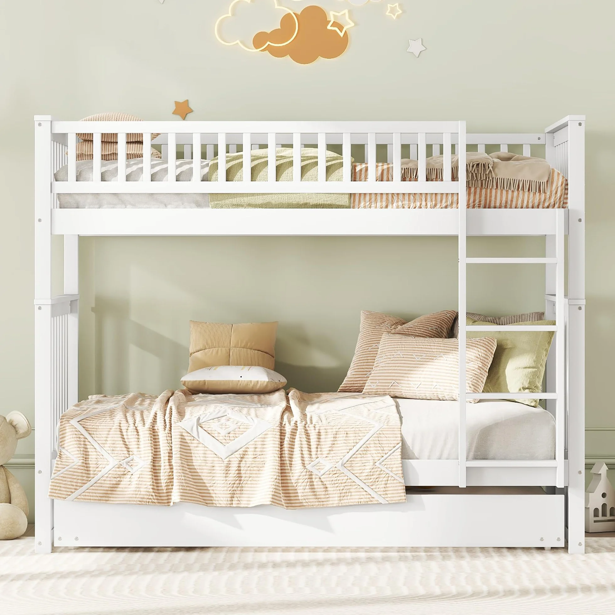 Moimhear Literas de 90 x 200 cm, camas infantiles, literas triples con cama nido, barandilla alta, escalera estable (blanco)