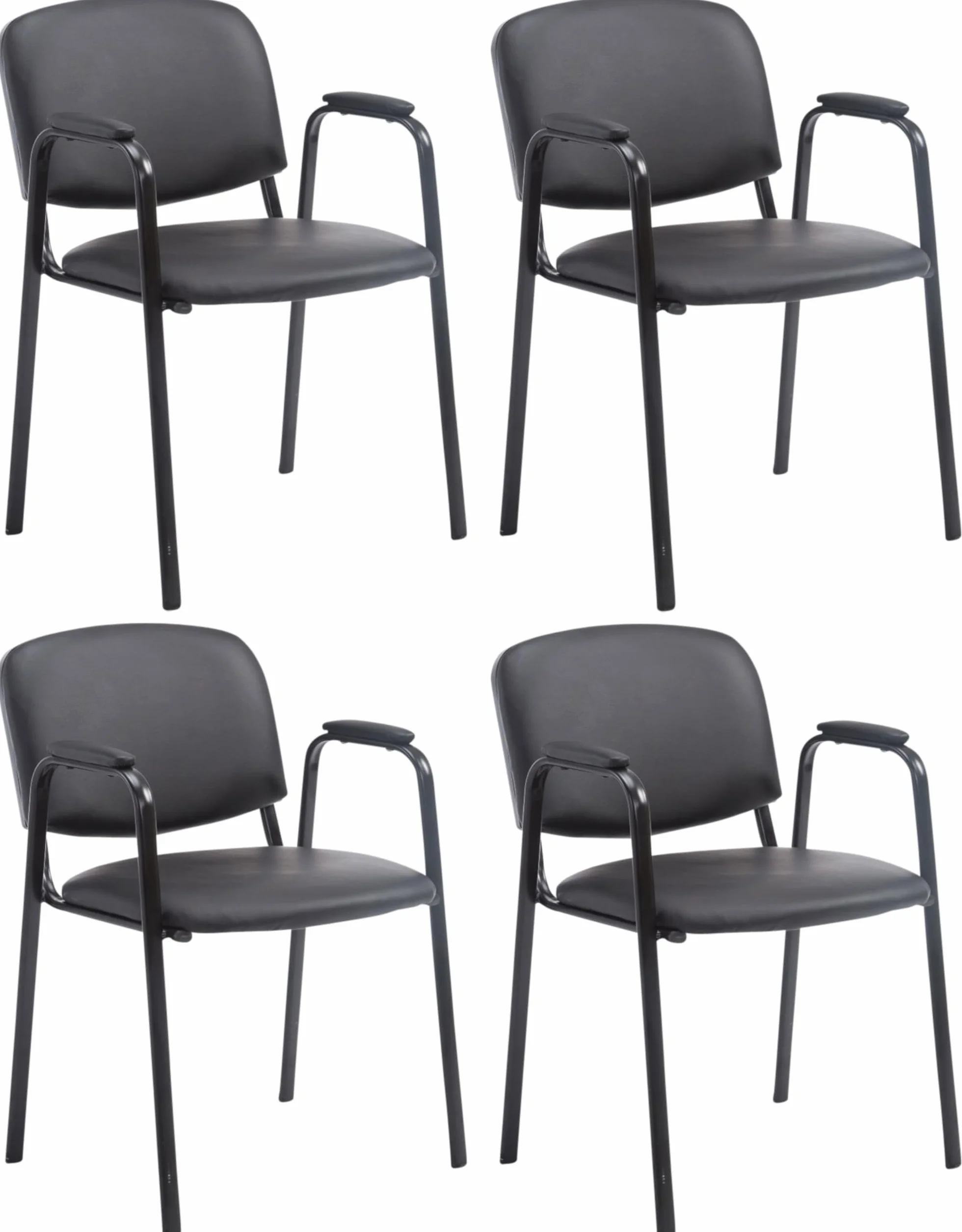 CLP Set 4 Sillas Apilables Ken Pro con Reposabrazos Acolchados, Sillas Conferencia Piel Sintética, Estructura Metal Negro Resistente 150 kg, Color:Negro