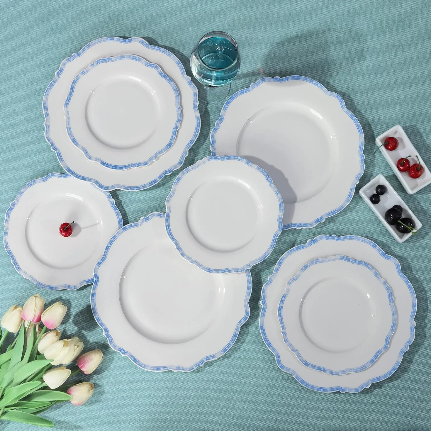 fanquare Juego de 4 Platos de Porcelana con Borde Estrella Azul, 27,5 cm Platos Llanos Redondos Vajilla Grande de Casa Gastronomía | Platos curvados para comidas diarias, fiestas, banquetes, microondas