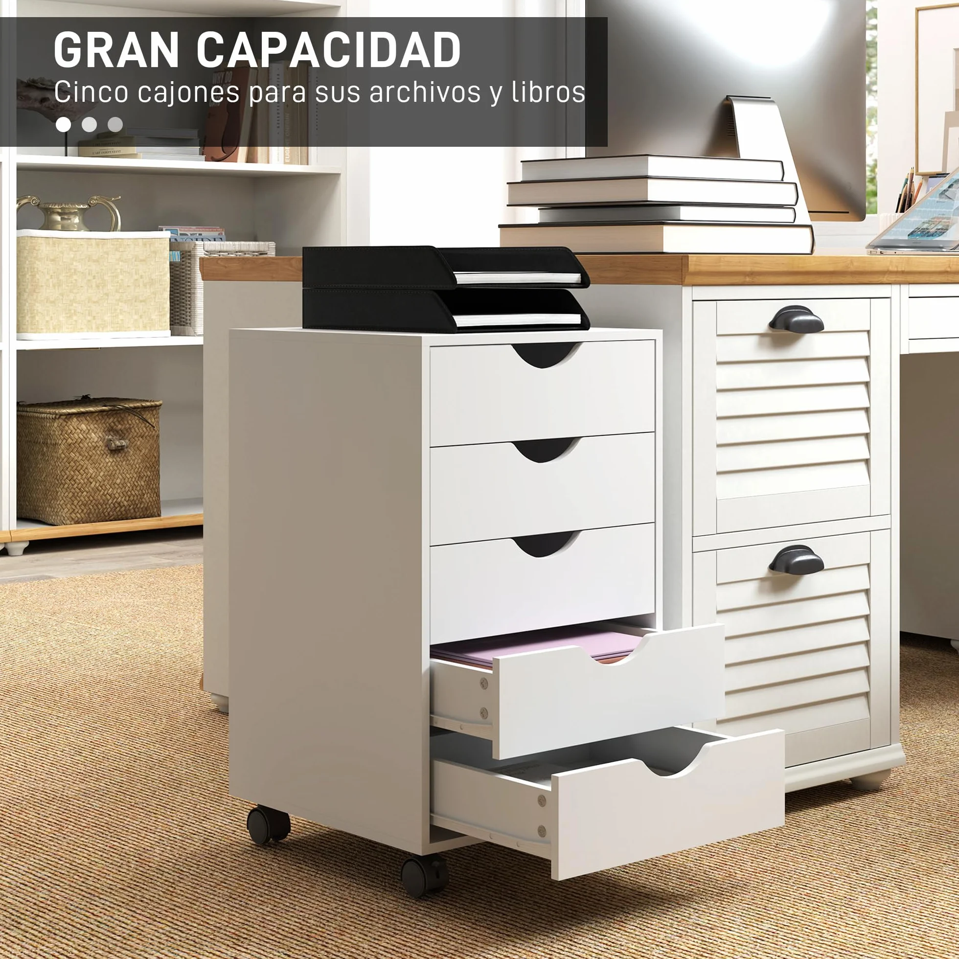 HOMCOM Cajonera Escritorio con Ruedas, Cajonera Oficina con 5 Cajones, Archivador Móvil, para Estudio, Salón, 40x40x67 cm, Blanco