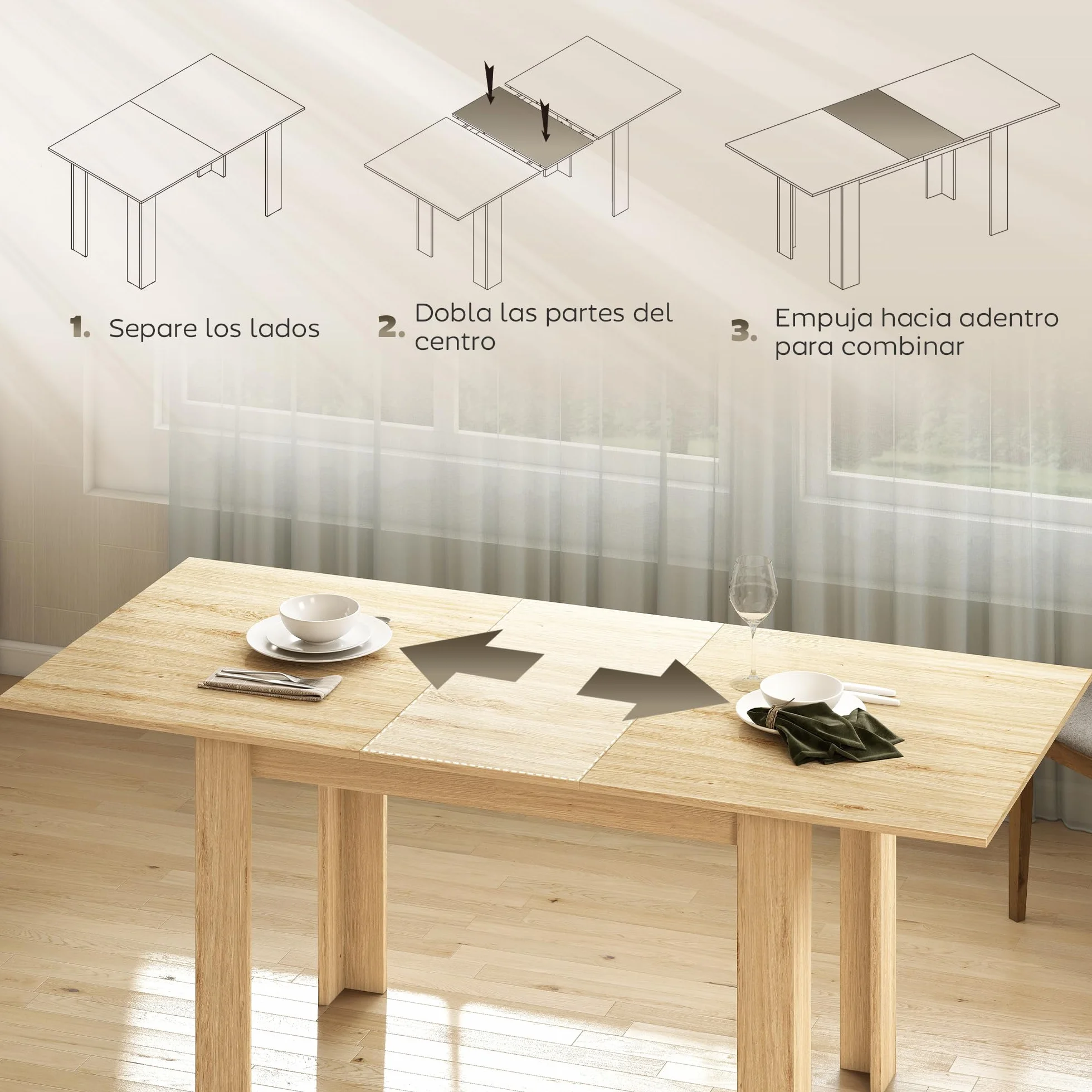 HOMCOM Mesa de Comedor Extensible 140-180x90x75 cm Madera Natural | de 140 a 180 cm, Mesa de Cocina Extensible Rectangular, para 6-8 Personas, para Salón