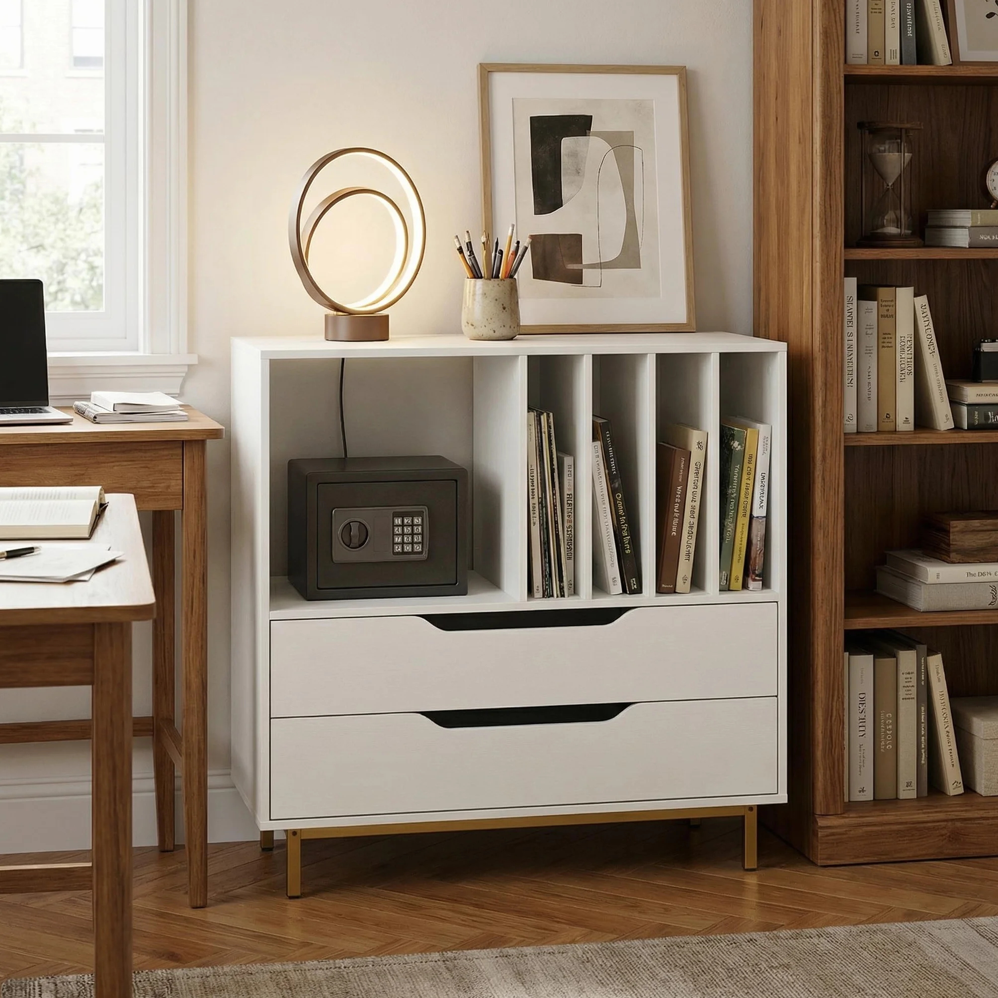KOMFOTTEU Mueble para Tocadiscos con Compartimento Abierto y 2 Cajones, Soporte de Discos de Vinilo con Patas de Metal, Expositor para Discos para Dormitorio, Salón, Estudio, 91 x 36 x 87 cm (Blanco)