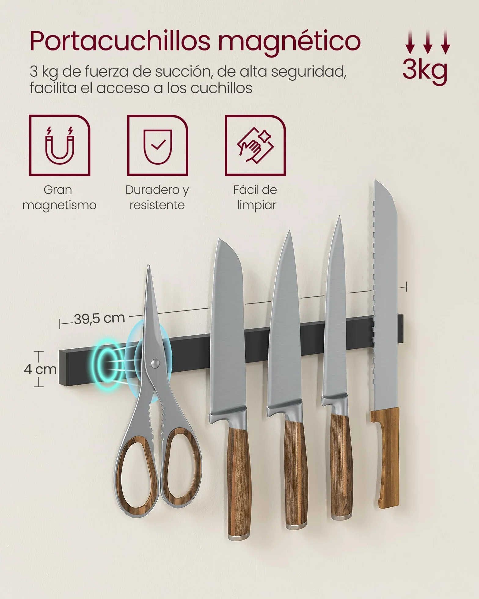 VASAGLE Estantería de Cocina, Soporte para Panadería, Isla de Cocina con Tira Magnética de Cuchillo, Cesta de Alambre, Soporte de Papel, 12 Ganchos, Marrón Rústico y Negro KKS026B01