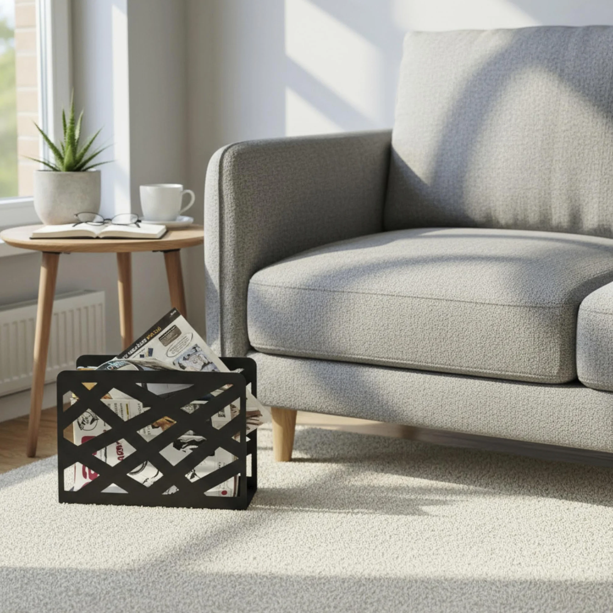 HAKU Revistero de metal negro con perforaciones trapezoidales, soporte para periódicos y cesta para revistas, An 35 x Al 26 x Pr 10 cm