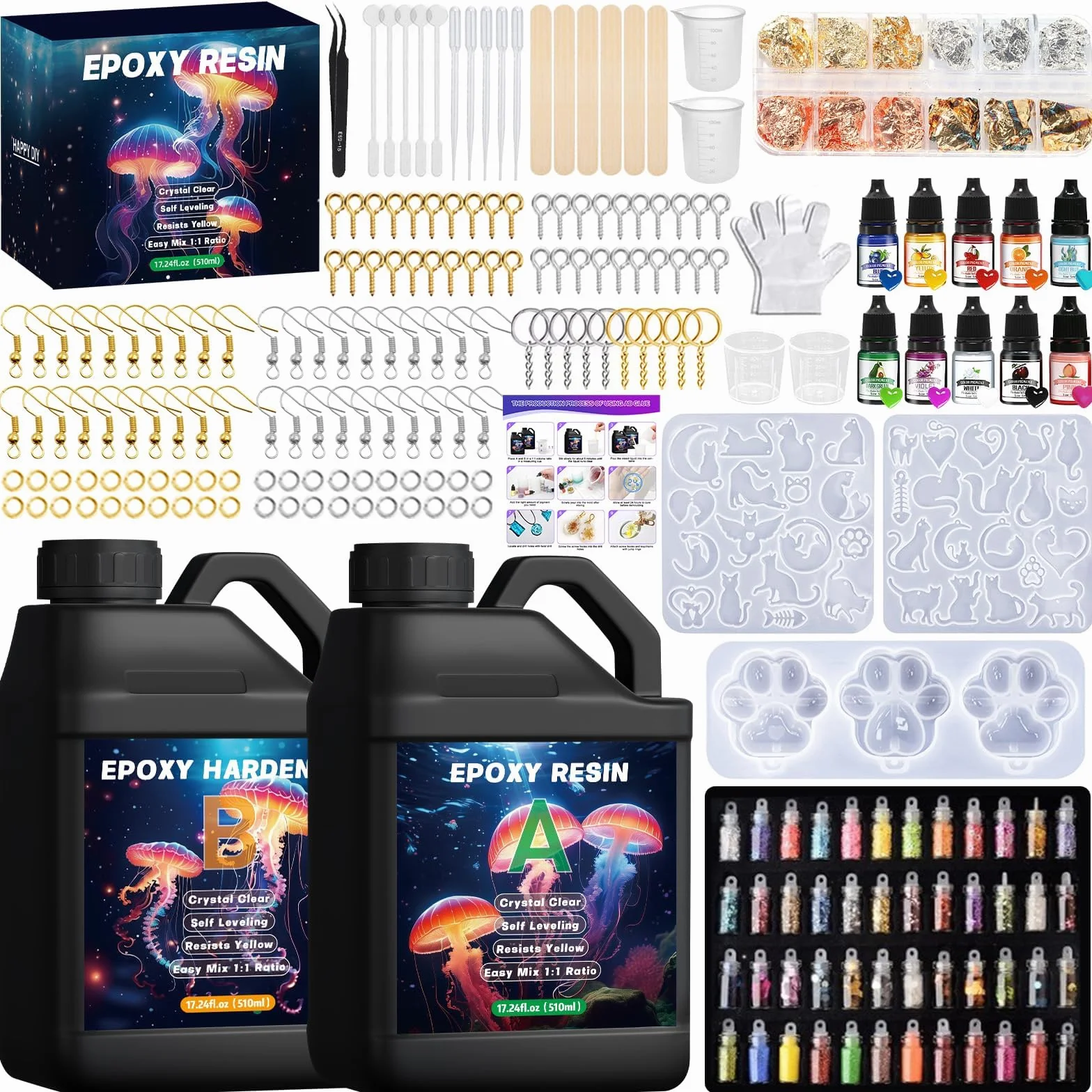 UCAMP 1020ml Resina Epoxi Transparente,1:1 Kit Resina Epoxi con Pigmento,Resina Epoxi Manualidades,Resina Epoxi Kit con pintura,purpurina,hoja de oro, Epoxy Resin para Hacer Llavero, Joyas