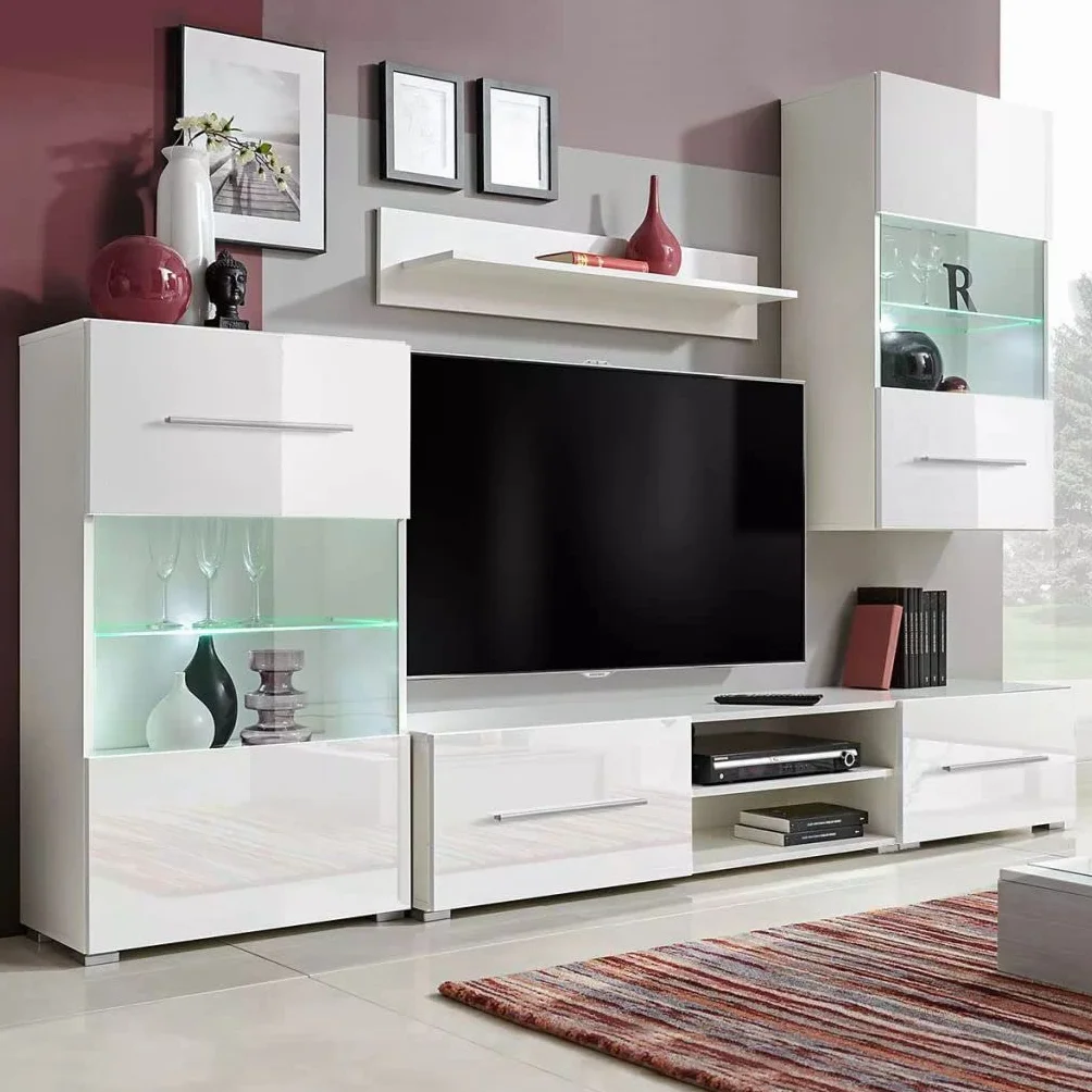 Gecheer Muebles de salón Moderno 5 Piezas con iluminación LED,Mueble salón Modular,Conjunto Completo Mueble TV,Mueble de TV Multifuncional,Modulos de Comedor,Armario de Almacenaje,Blanco