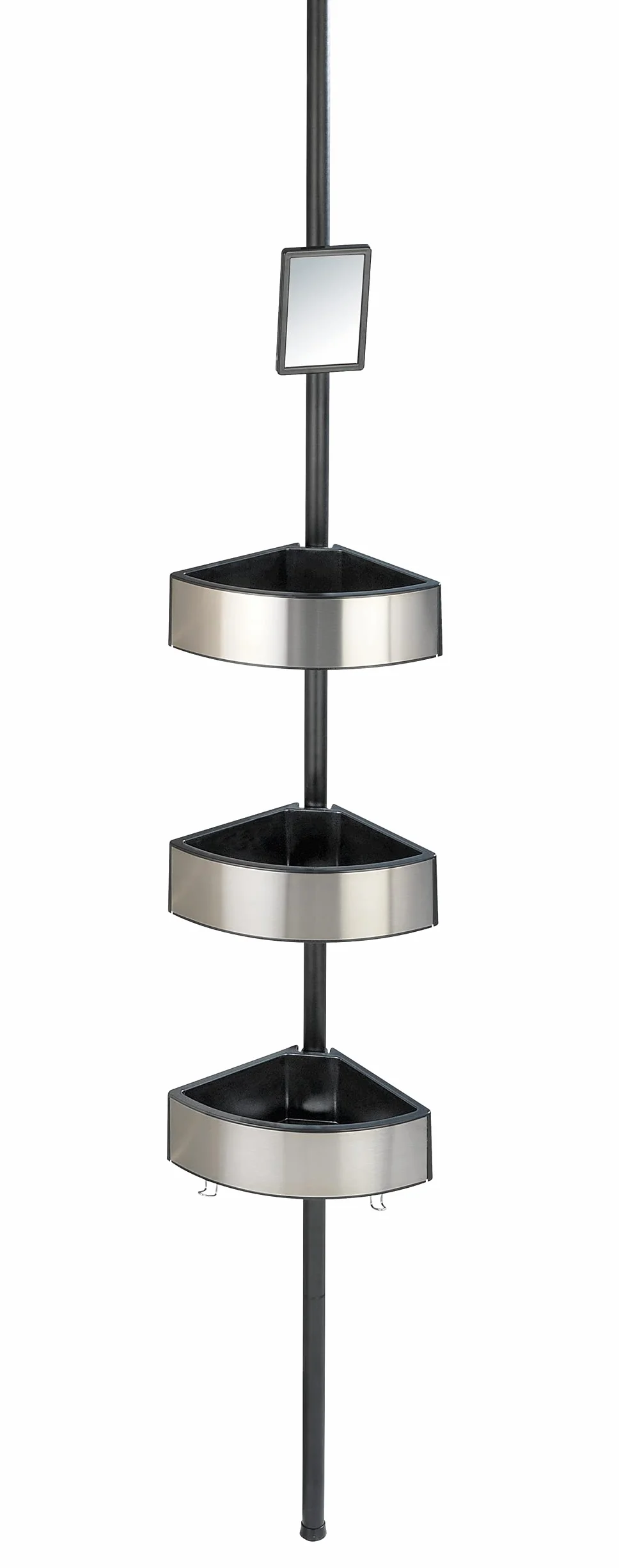 WENKO Rinconera telescópica Premium Big Black - Estantería de baño telescópica, estantería de ducha, regulable en altura con 3 repisas y espejo, Aluminio, 27.5 x 70-260 x 20 cm, Satinado