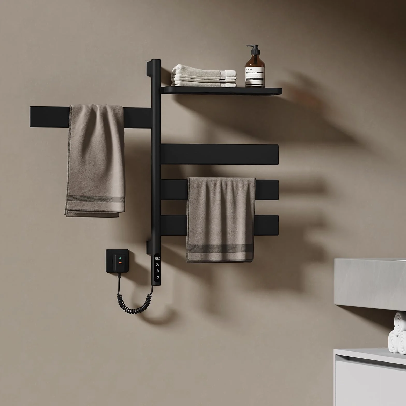 EMKE Toallero Eléctrico de Baño, Toallero Giratorio a 180°, Toallero Inteligente con Wi-Fi, Toallero Eléctrico 120W, Negro, 760x450x140 mm