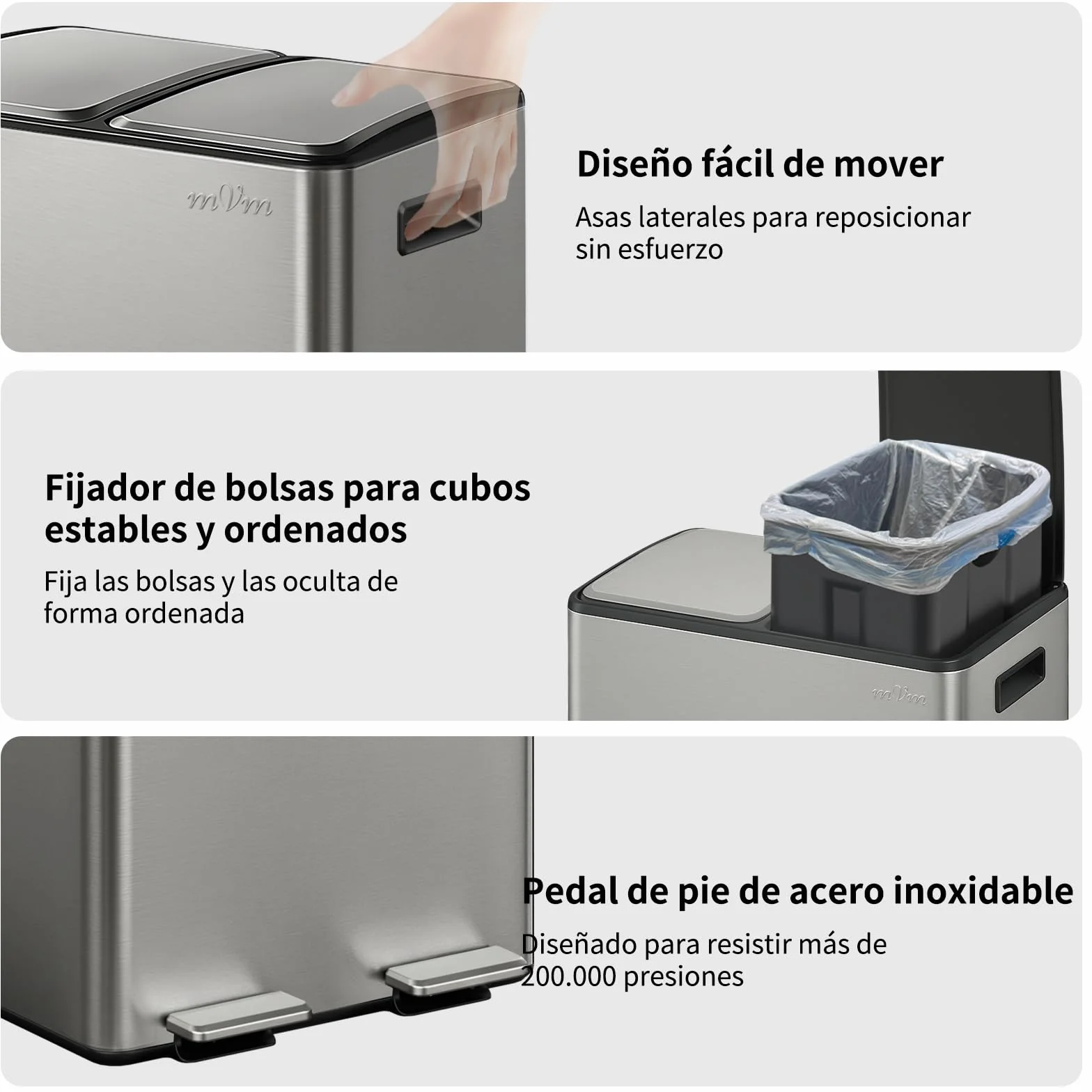 mVm Cubo de Basura Cocina, 2 Compartimentos 2 x 30L Papelera de Cocina de Acero Inoxidable con Pedales, Papelera Moderna y Robusta, Cierre Suave, para Cocina, Salón, Gris