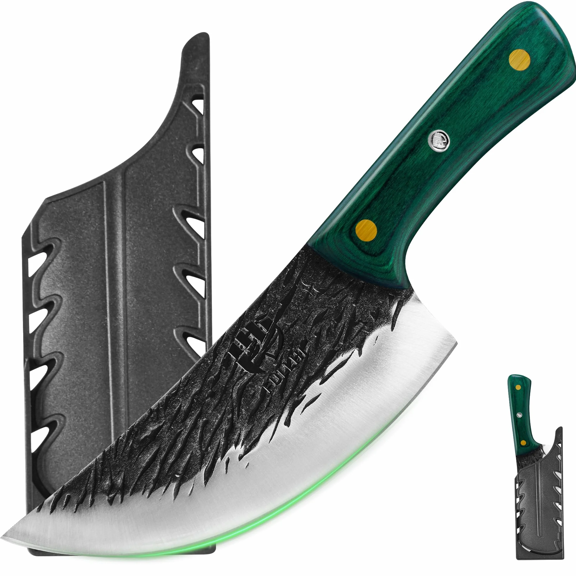 FULLHI Cuchillo de Carne con Mango de Madera y Funda, Cuchillo de Cocina de Acero al Carbono para Cortar Carne, Cocina al Aire Libre, Camping Barbacoa (Verde, 17cm)