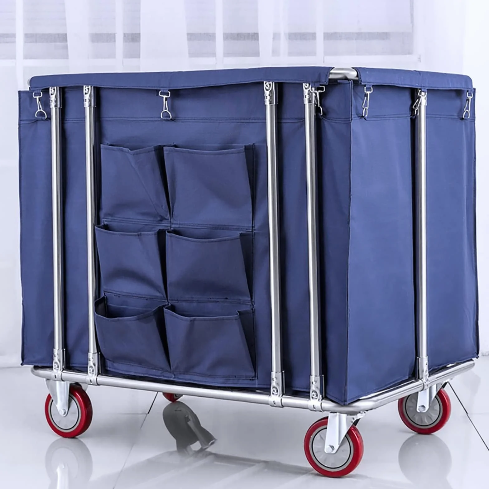 Carro de lavandería comercial de 400L con ruedas, cesto de lavandería industrial grande con ruedas, cesto de lavandería con ruedas con diseño de bolsillo lateral y bolsa interior extraíble(Blu)