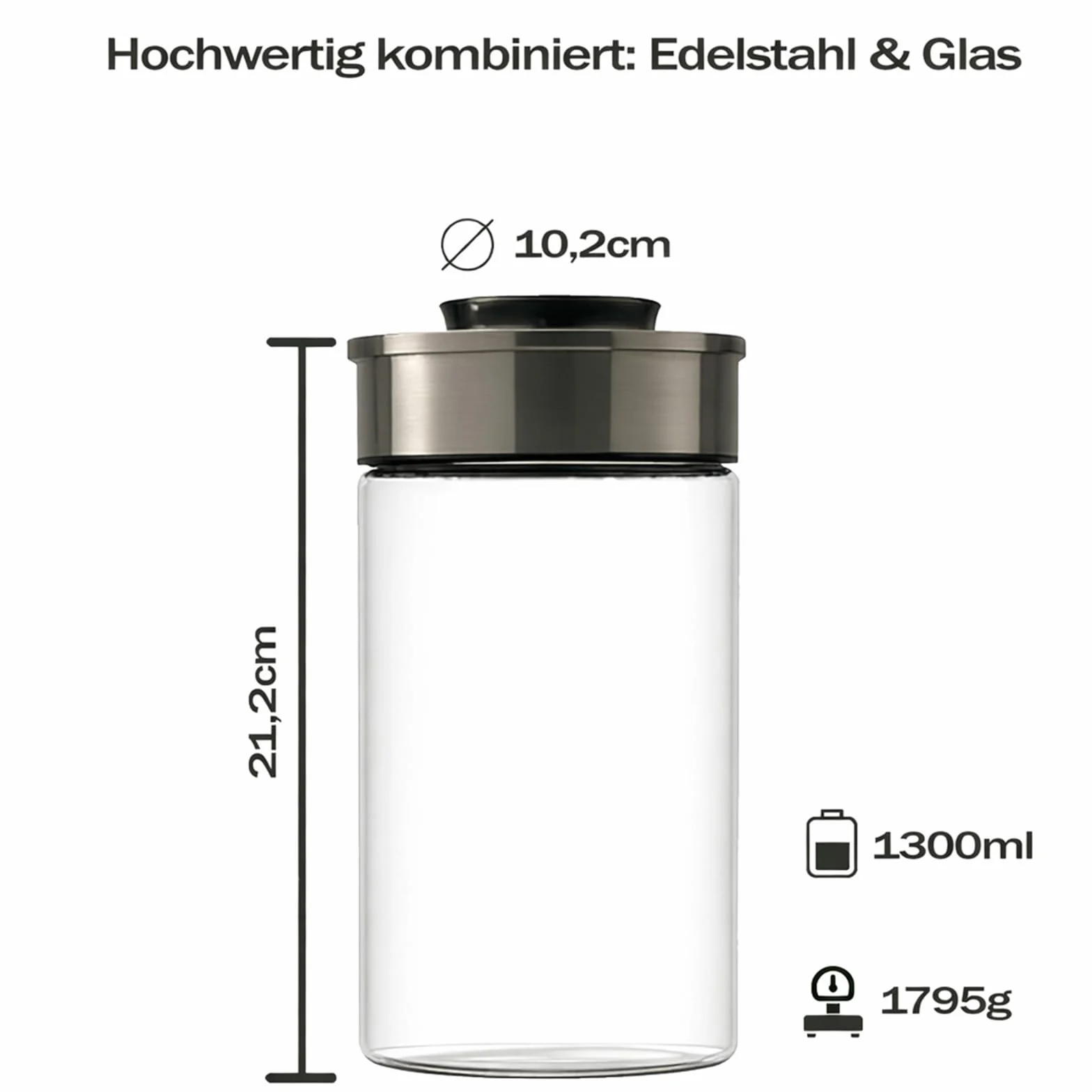 BURI Juego de 6 tarros de vidrio al vacío de 1300ml | Tarros de almacenamiento de vidrio con tapa de acero inoxidable y mecanismo de clic al vacío | Hermético a las polillas, apilable, apto para
