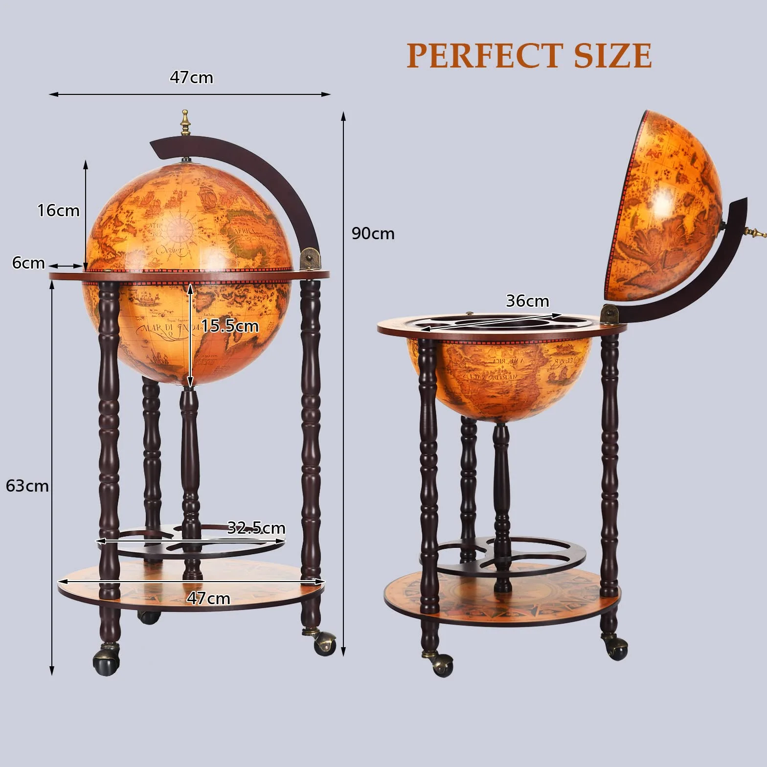KOMFOTTEU Botellero Bar Globo Terráqueo con Ruedas, Soporte para Botellas de 2 Niveles, Carrito de Bar de Madera, Mueble Minibar para Bebidas, para Restaurante, Fiesta (Marrón, 47 x 47 x 90 cm)