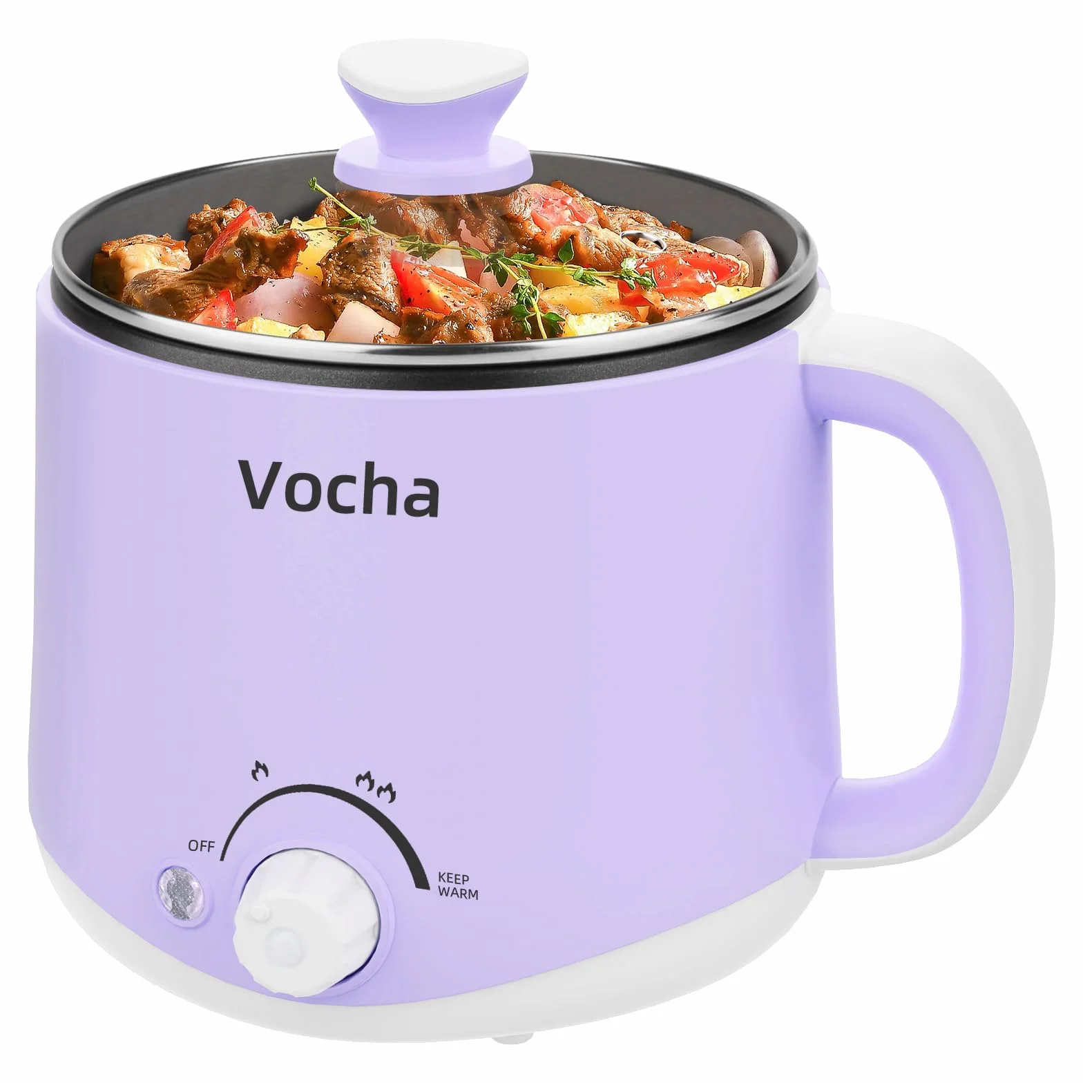 Vocha Olla Eléctrica Recta Pequeña, 1.6L Olla de Cocina Portátil de Antiadherente con Mantener la Función Caliente, 250W/600W Olla de Viaje Multifunción para Sopa/Ramen/Pasta/Huevo/Verdura-Púrpura
